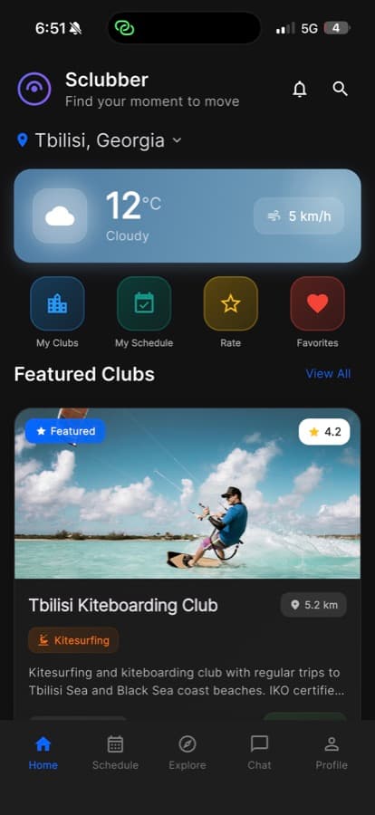 Sclubber mobile app — sports activity booking interface